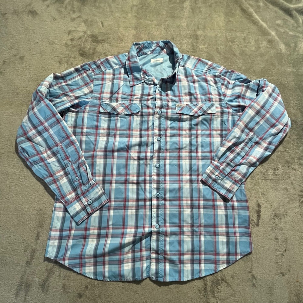 Columbia Plaid Button Down Shirt Mens Large Blue Long Sleeve PFG Hiking